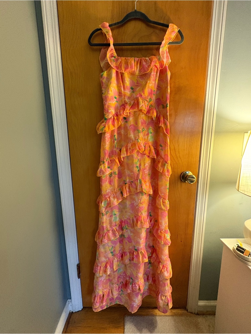 Floral Ruffle Maxi Dress in Coral Pink